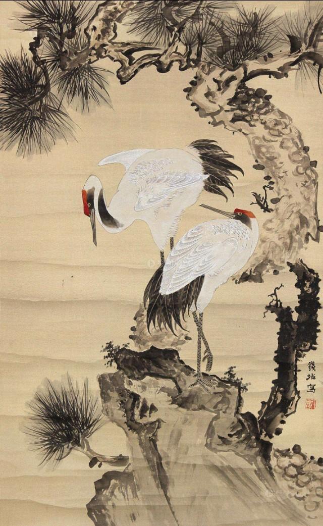 中国传统山水画中通常将鹤,松画在一起,比喻松鹤延年,有美好的寓意.