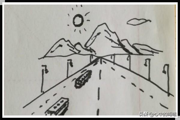 远山由远及近的公路路灯汽车组合简笔画怎么画