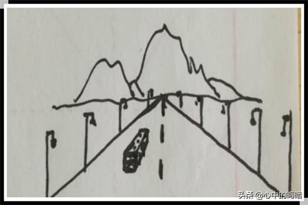 远山由远及近的公路路灯汽车组合简笔画怎么画
